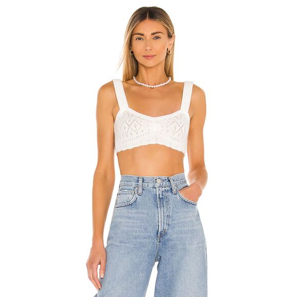 FOR LOVE & LEMONS Top Womens Medium Ivory Pullover Crop Tank BLANCA Crochet Bra - Picture 1 of 9